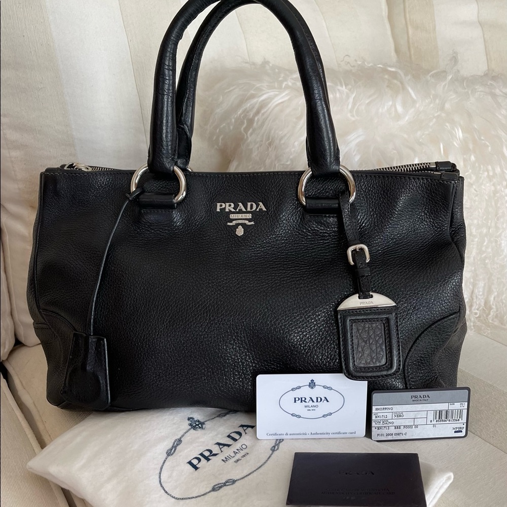 PRADA Black Vitello Daino Double Zip Shopping Satchel - BN1712